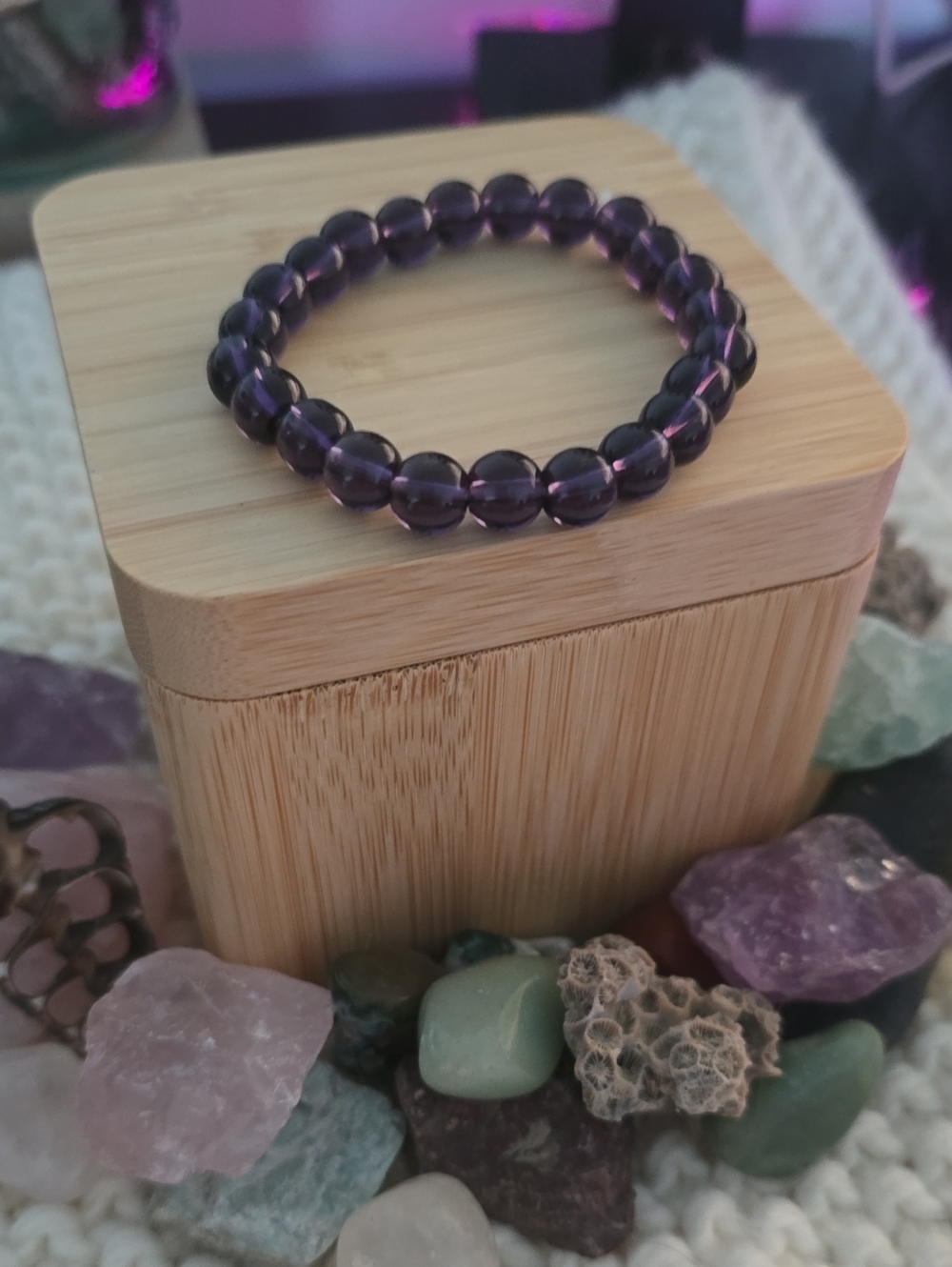 Glass Beaded Stretch Bracelet - Elegant Purple Women’s Jewelry
